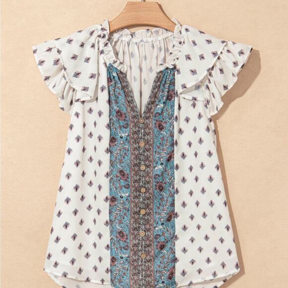 Women's White and Blue Boho Patterned Top | Sizes M, L and XL - Picture 6 of 10